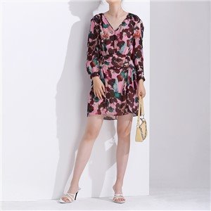 Spot European and American Summer Sexy V-Neck Elastic Short-Sleeved Printed Women MID-Length Dresses
